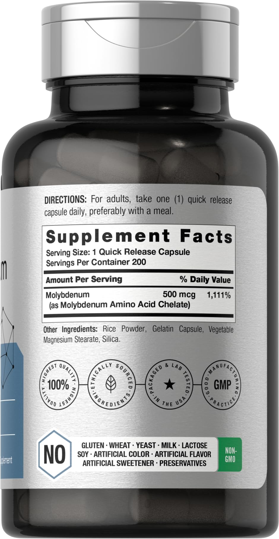 Horbaach Molybdenum Supplement | 500mcg | 200 Capsules | Amino Acid Chelate | Non-GMO, Gluten Free - Image 2