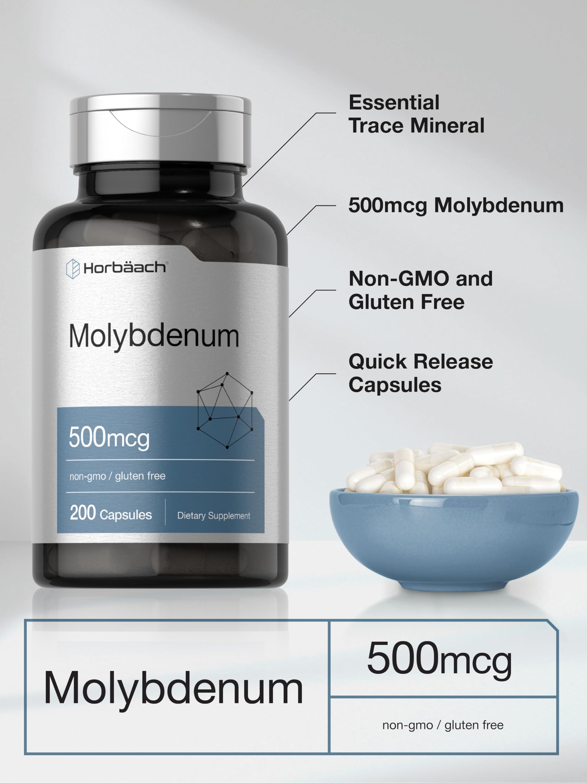 Horbaach Molybdenum Supplement | 500mcg | 200 Capsules | Amino Acid Chelate | Non-GMO, Gluten Free - Image 4