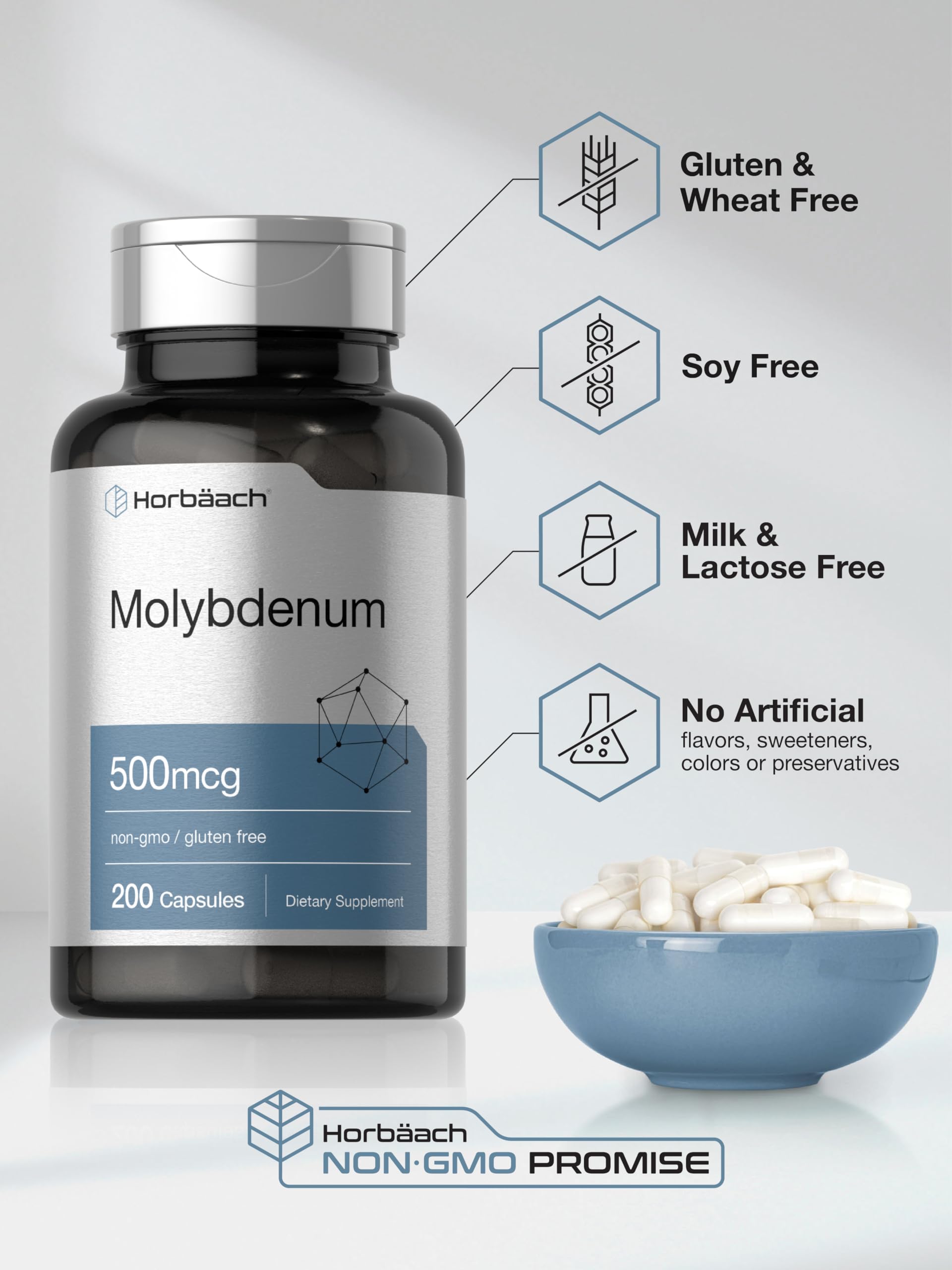 Horbaach Molybdenum Supplement | 500mcg | 200 Capsules | Amino Acid Chelate | Non-GMO, Gluten Free - Image 5