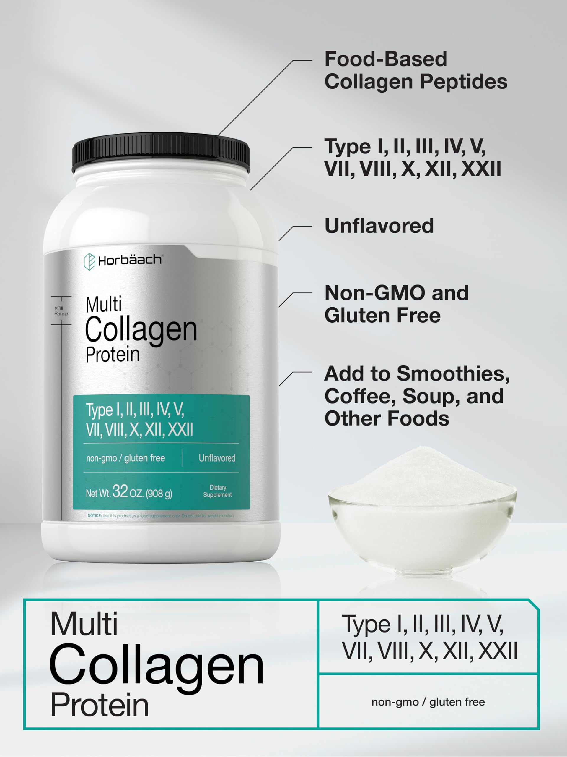 Horbaach Multi Collagen Protein Powder 32 oz | Types I, II, III, IV, V, VII, VIII, X, XII, and XXII | Grassfed Collagen Peptides | Keto & Paleo Friendly | Unflavored & Gluten Free - Image 4