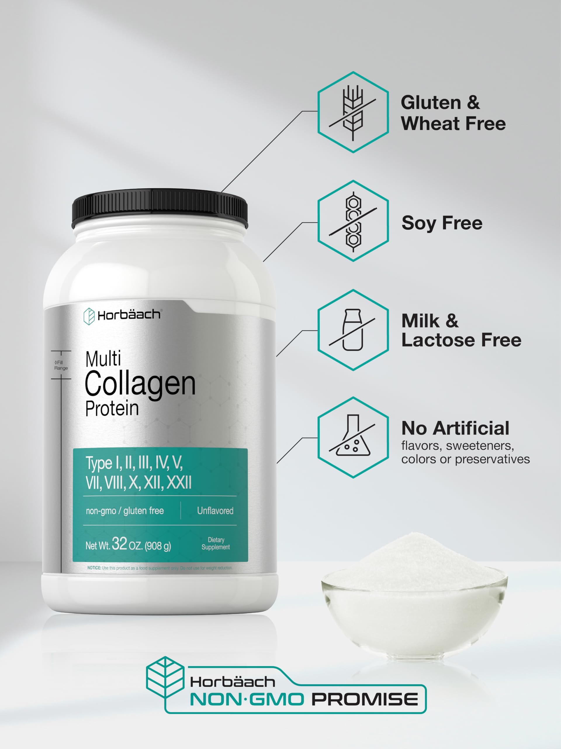 Horbaach Multi Collagen Protein Powder 32 oz | Types I, II, III, IV, V, VII, VIII, X, XII, and XXII | Grassfed Collagen Peptides | Keto & Paleo Friendly | Unflavored & Gluten Free - Image 5