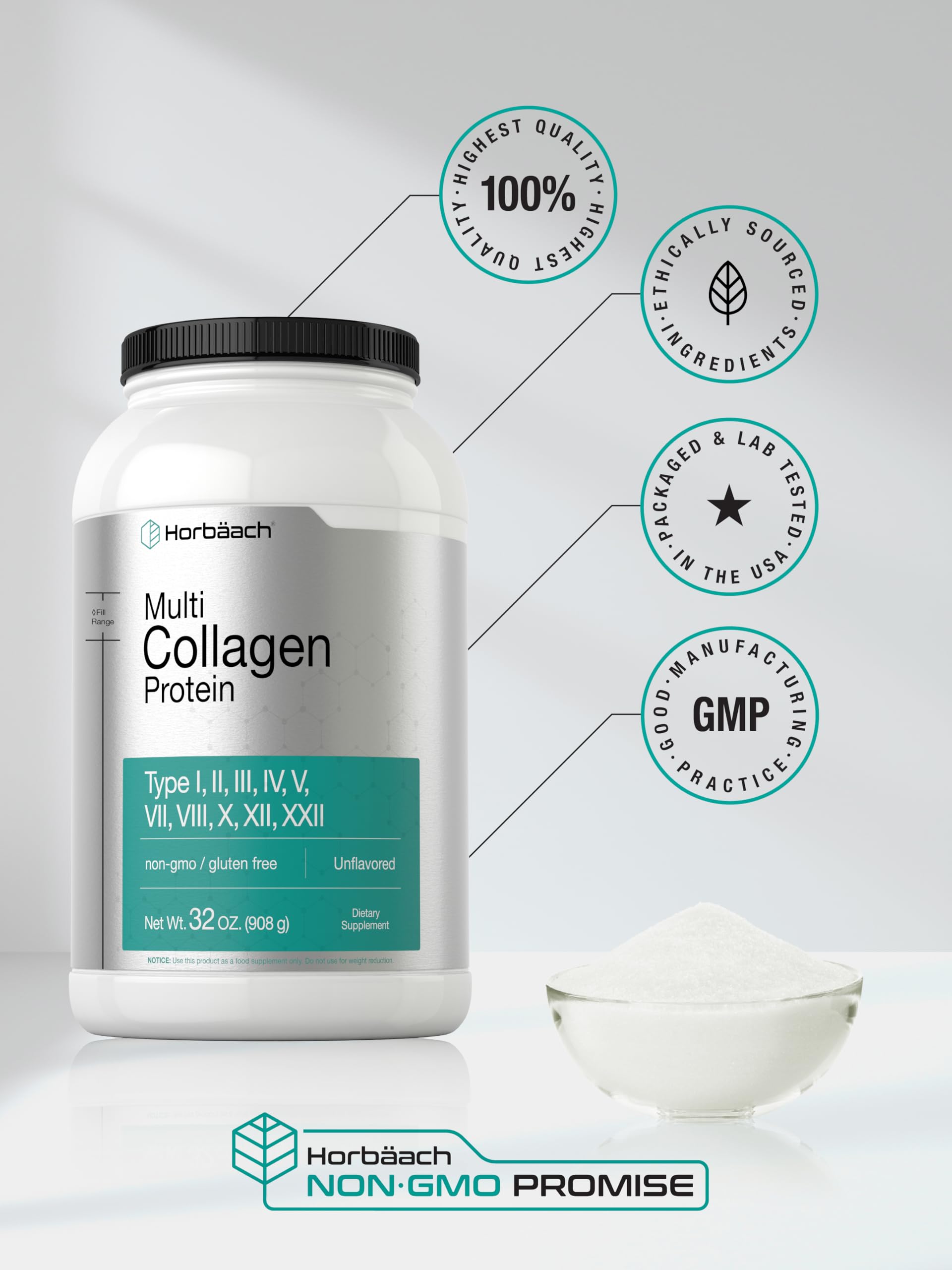 Horbaach Multi Collagen Protein Powder 32 oz | Types I, II, III, IV, V, VII, VIII, X, XII, and XXII | Grassfed Collagen Peptides | Keto & Paleo Friendly | Unflavored & Gluten Free - Image 6