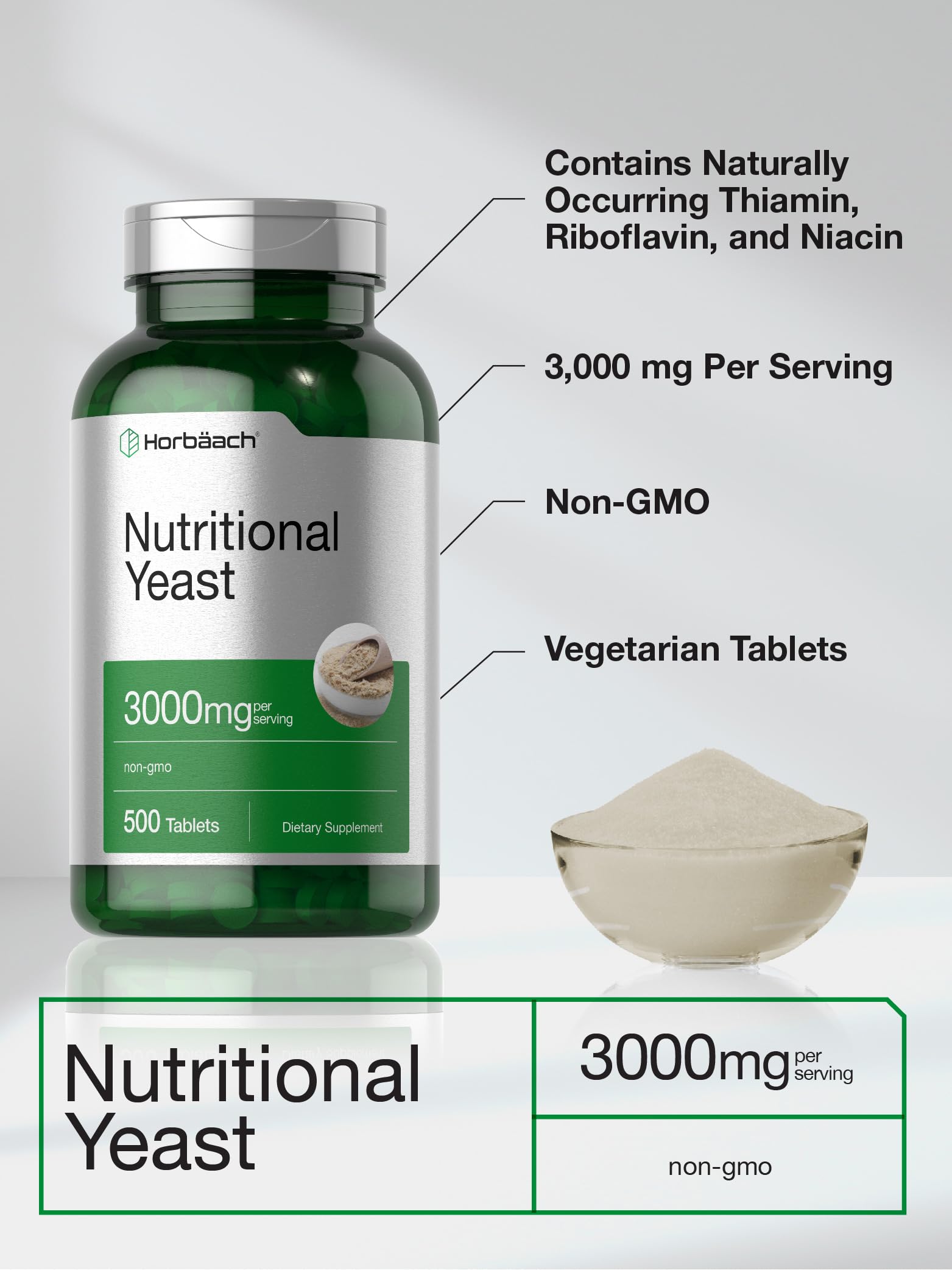 Horbaach Nutritional Yeast Tablets 3000mg | 500 Count | with B12, B1, B2, and Niacin | Non-GMO & Gluten Free Supplement - Image 3