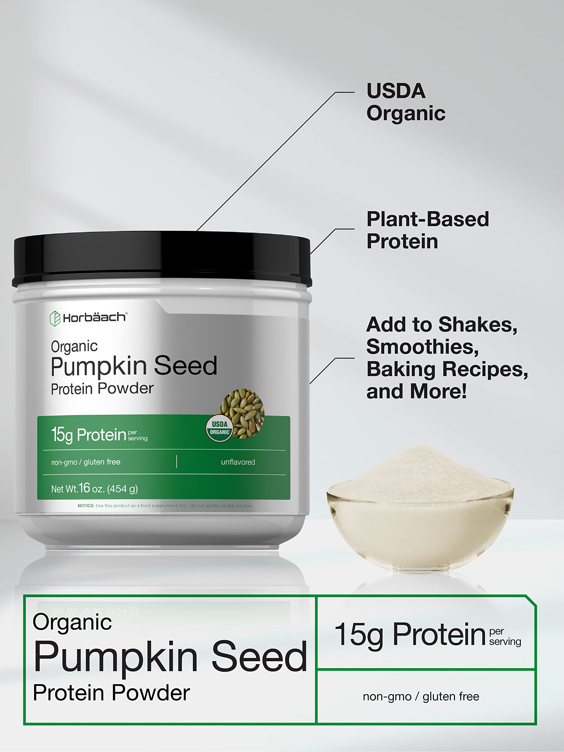 Horbaach Organic Pumpkin Seed Protein Powder | Unflavored | Plant-Based for Smoothies and Baking | Keto, Paleo, Non-GMO & Gluten Free | 16 Ounce (15g Per Serving) - Image 3