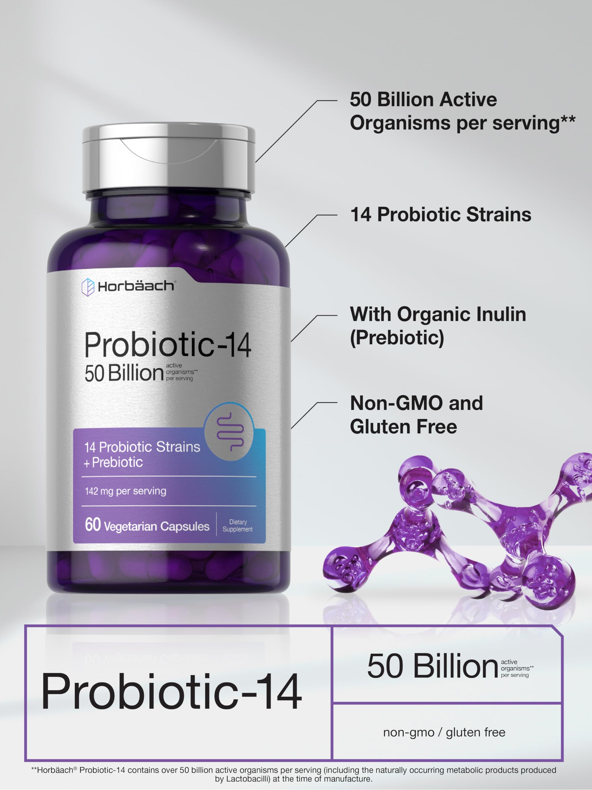 Horbaach Probiotics for Women and Men | 60 Capsules | 14 Probiotic Strains with Prebiotic | 50 Billion Active Organisms | Non-GMO & Gluten Free Supplement - Image 4