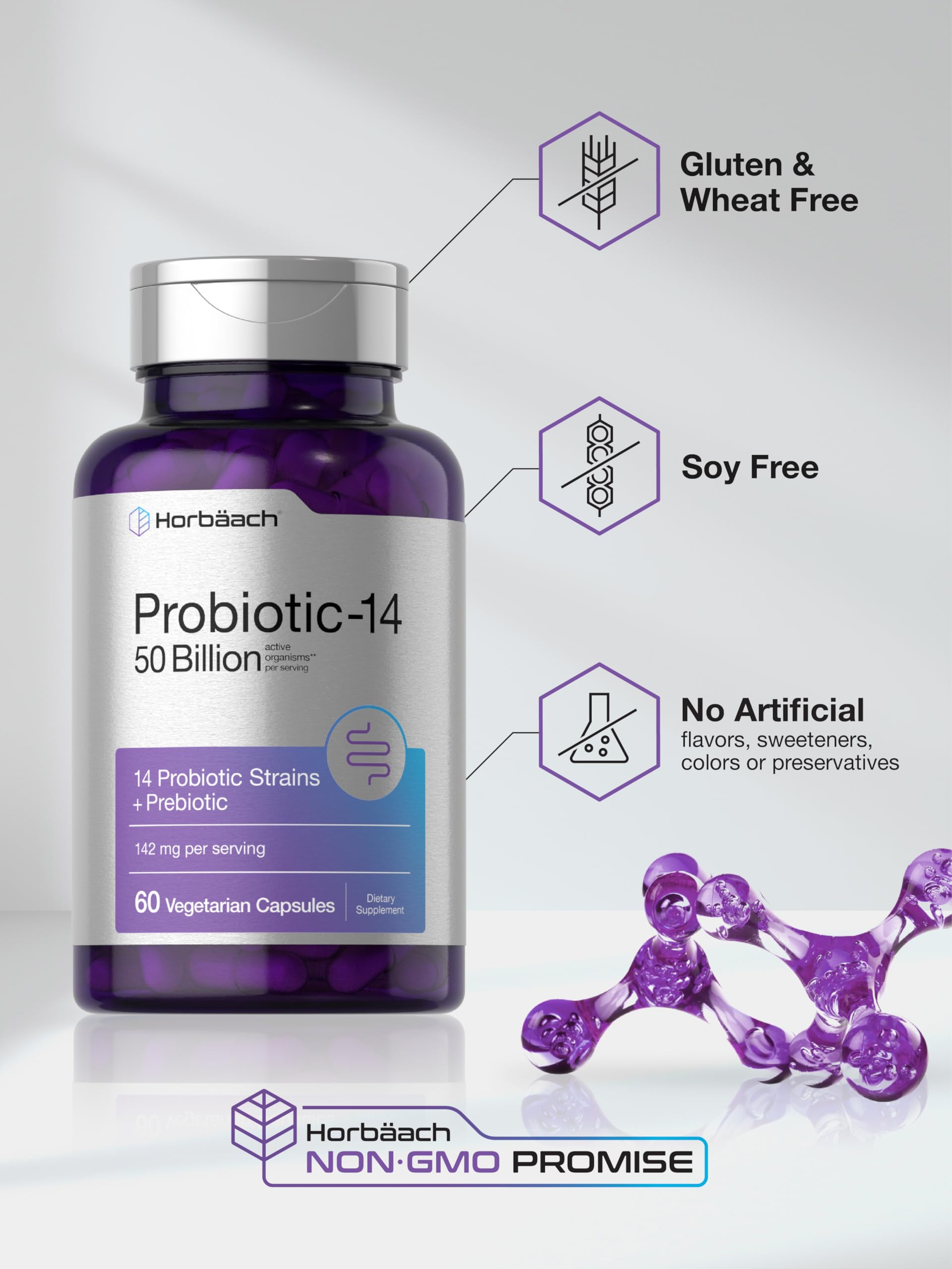 Horbaach Probiotics for Women and Men | 60 Capsules | 14 Probiotic Strains with Prebiotic | 50 Billion Active Organisms | Non-GMO & Gluten Free Supplement - Image 5
