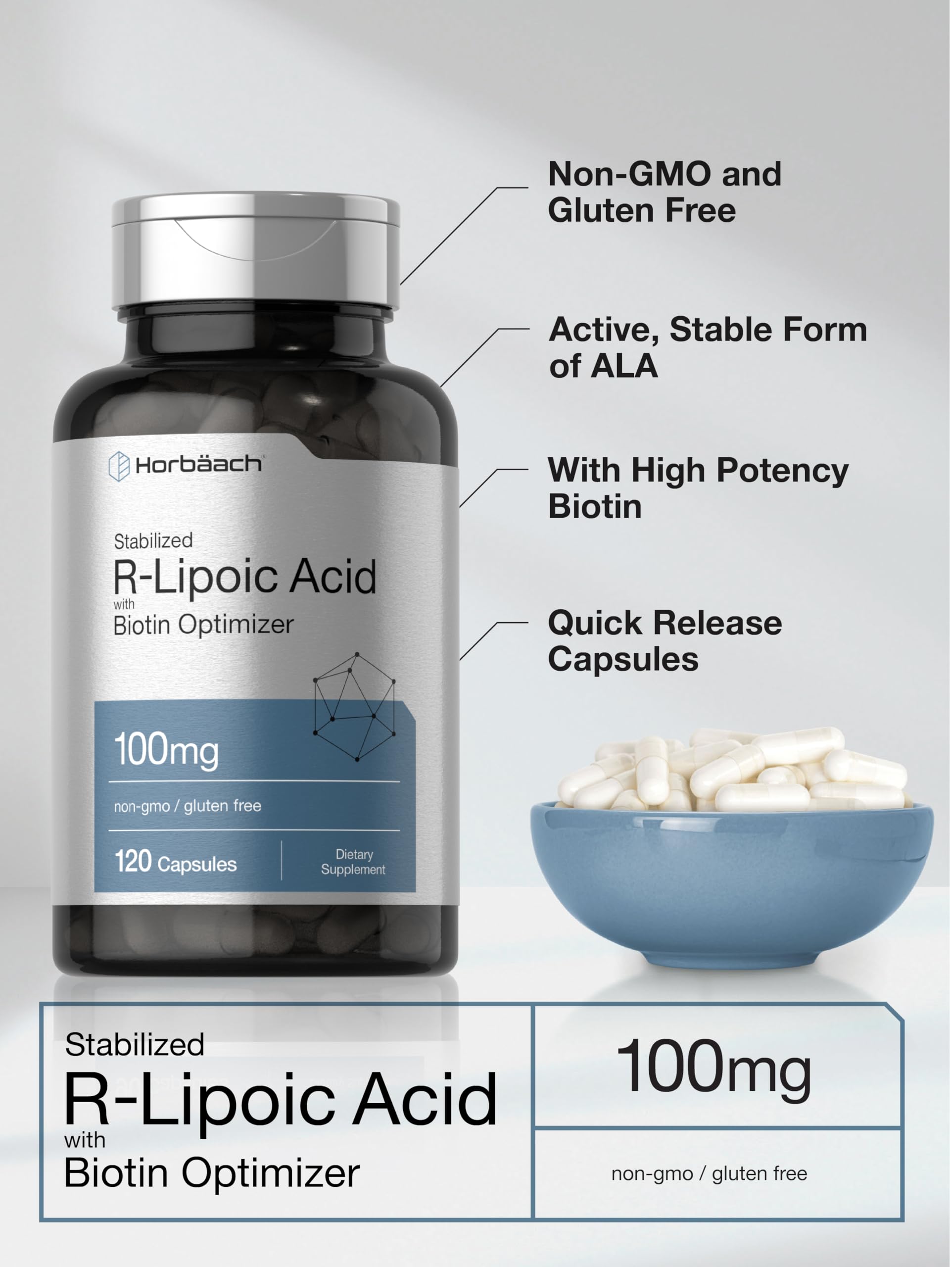 Horbaach R-Lipoic Acid 100 mg | 120 Capsules | with Biotin Optimizer | Non-GMO, Gluten Free | Stabilized R-Lipoic Acid Supplement - Image 4