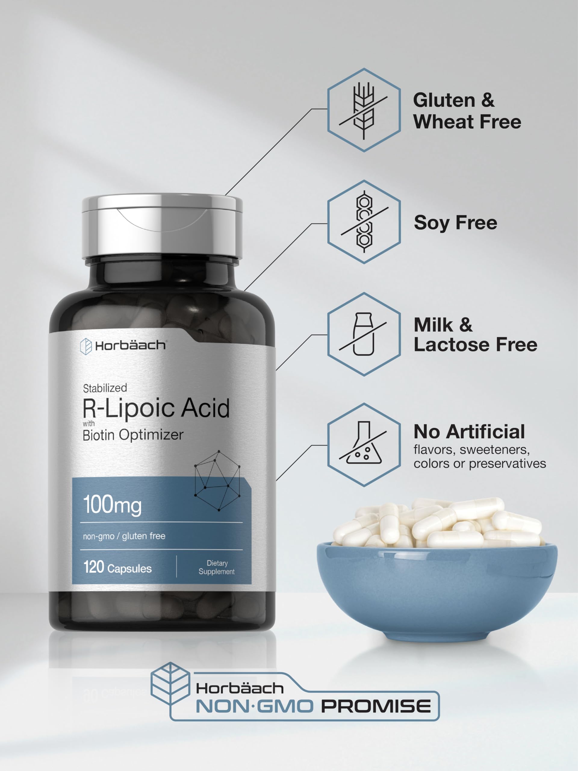 Horbaach R-Lipoic Acid 100 mg | 120 Capsules | with Biotin Optimizer | Non-GMO, Gluten Free | Stabilized R-Lipoic Acid Supplement - Image 5