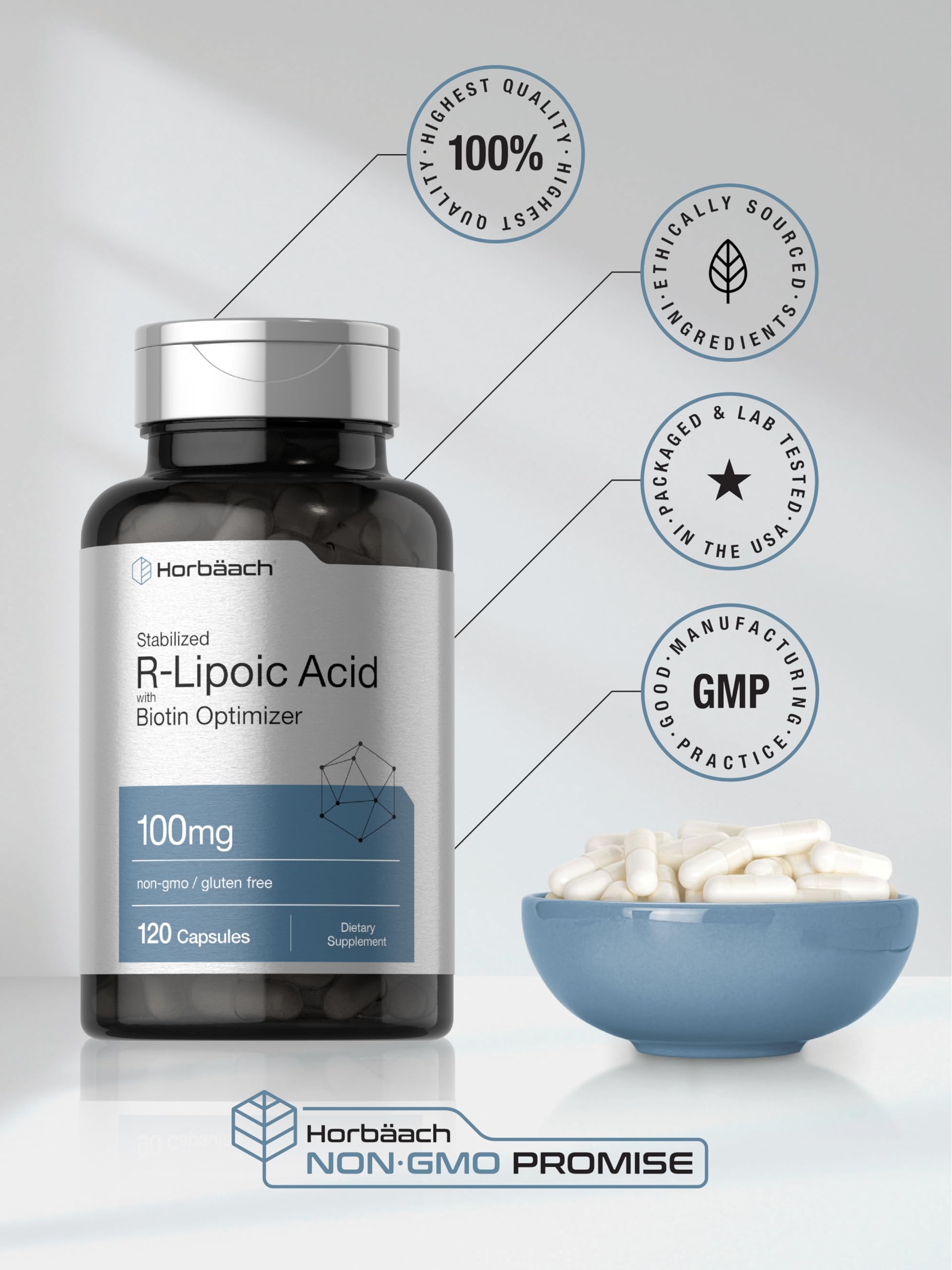 Horbaach R-Lipoic Acid 100 mg | 120 Capsules | with Biotin Optimizer | Non-GMO, Gluten Free | Stabilized R-Lipoic Acid Supplement - Image 6