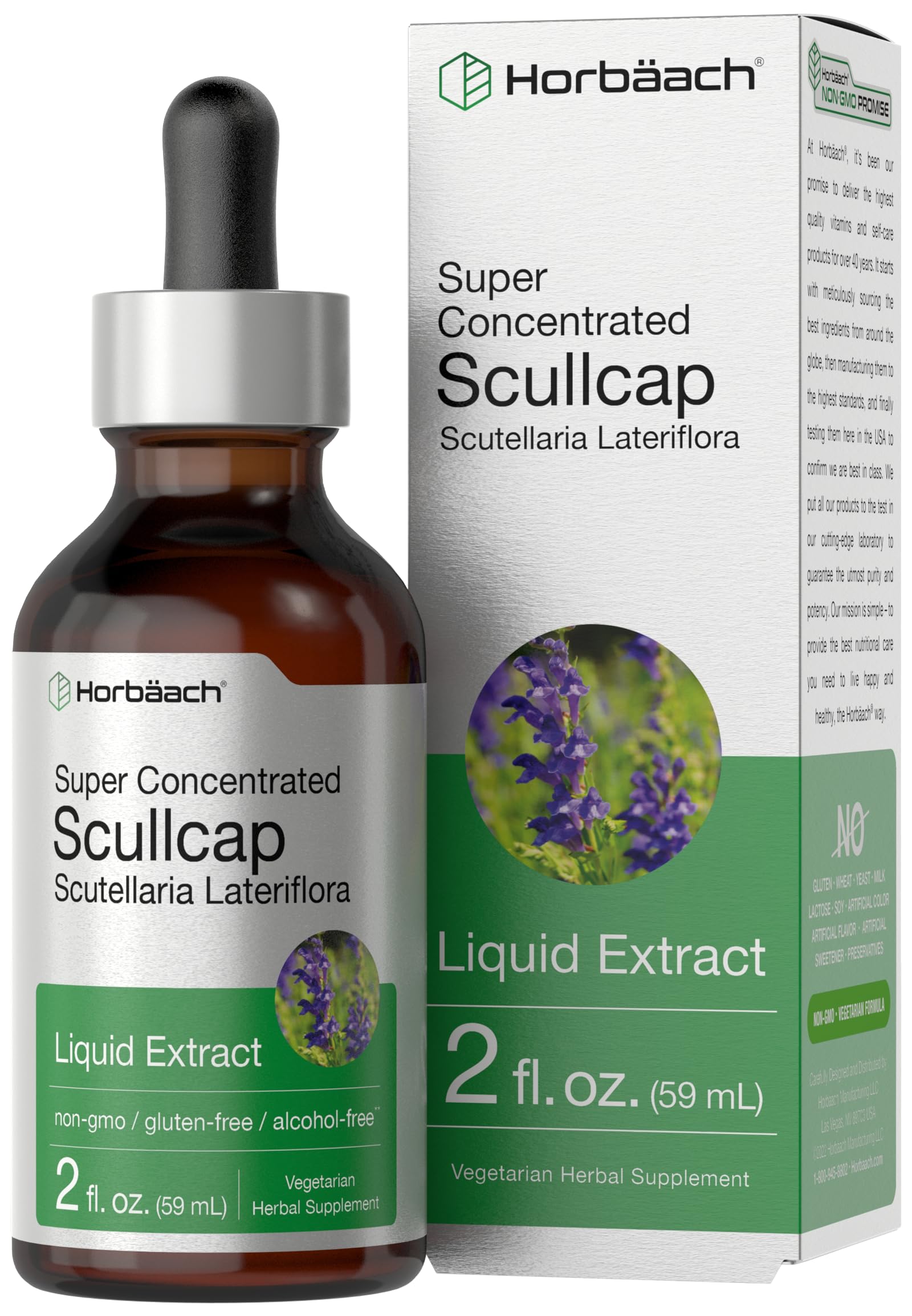 Horbaach Scullcap Herb Tincture | 2 fl oz | Liquid Extract Drops | Scutellaria Lateriflora | Alcohol Free, Vegetarian | Super Concentrated Supplement | Non-GMO & Gluten Free