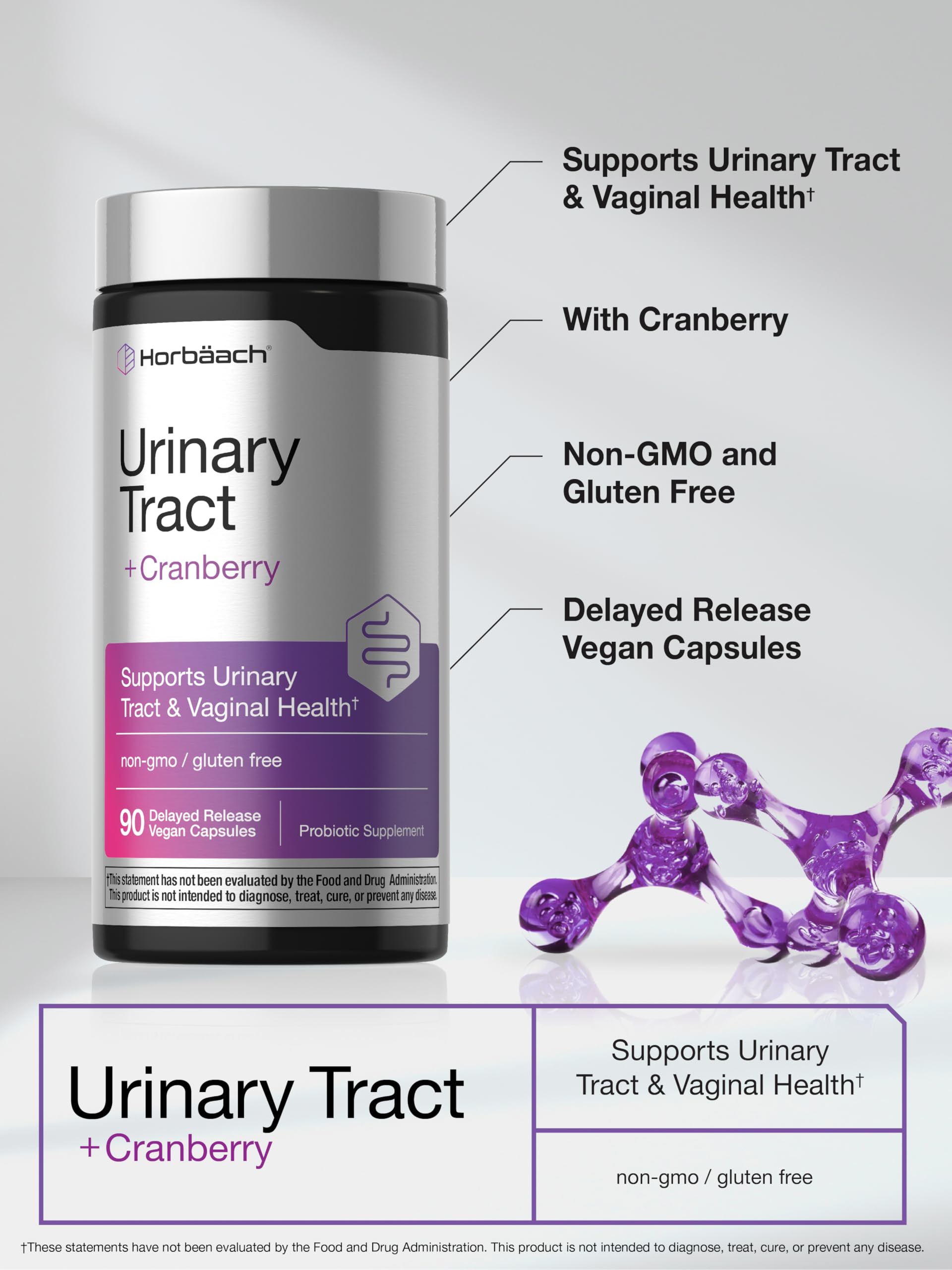 Horbaach Urinary Tract Health for Women | 90 Vegan Capsules | Probiotics and Cranberry for Vaginal Health | Vegan, Non-GMO, Gluten Free Supplement - Image 4