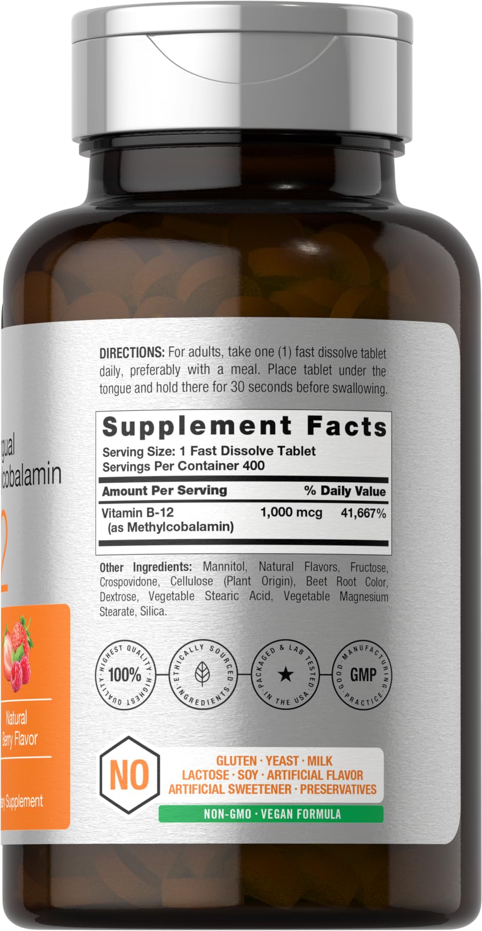 Horbaach Vitamin B12 1000 mcg Sublingual | 400 Fast Dissolve Tablets | Methylcobalamin Supplement for Women and Men | Berry Flavor | Vegan, Non-GMO, and Gluten Free - Image 2