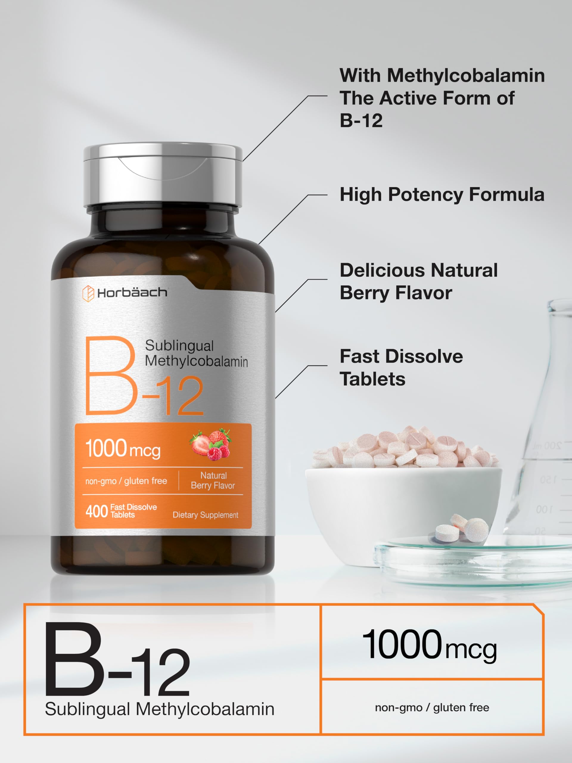 Horbaach Vitamin B12 1000 mcg Sublingual | 400 Fast Dissolve Tablets | Methylcobalamin Supplement for Women and Men | Berry Flavor | Vegan, Non-GMO, and Gluten Free - Image 4