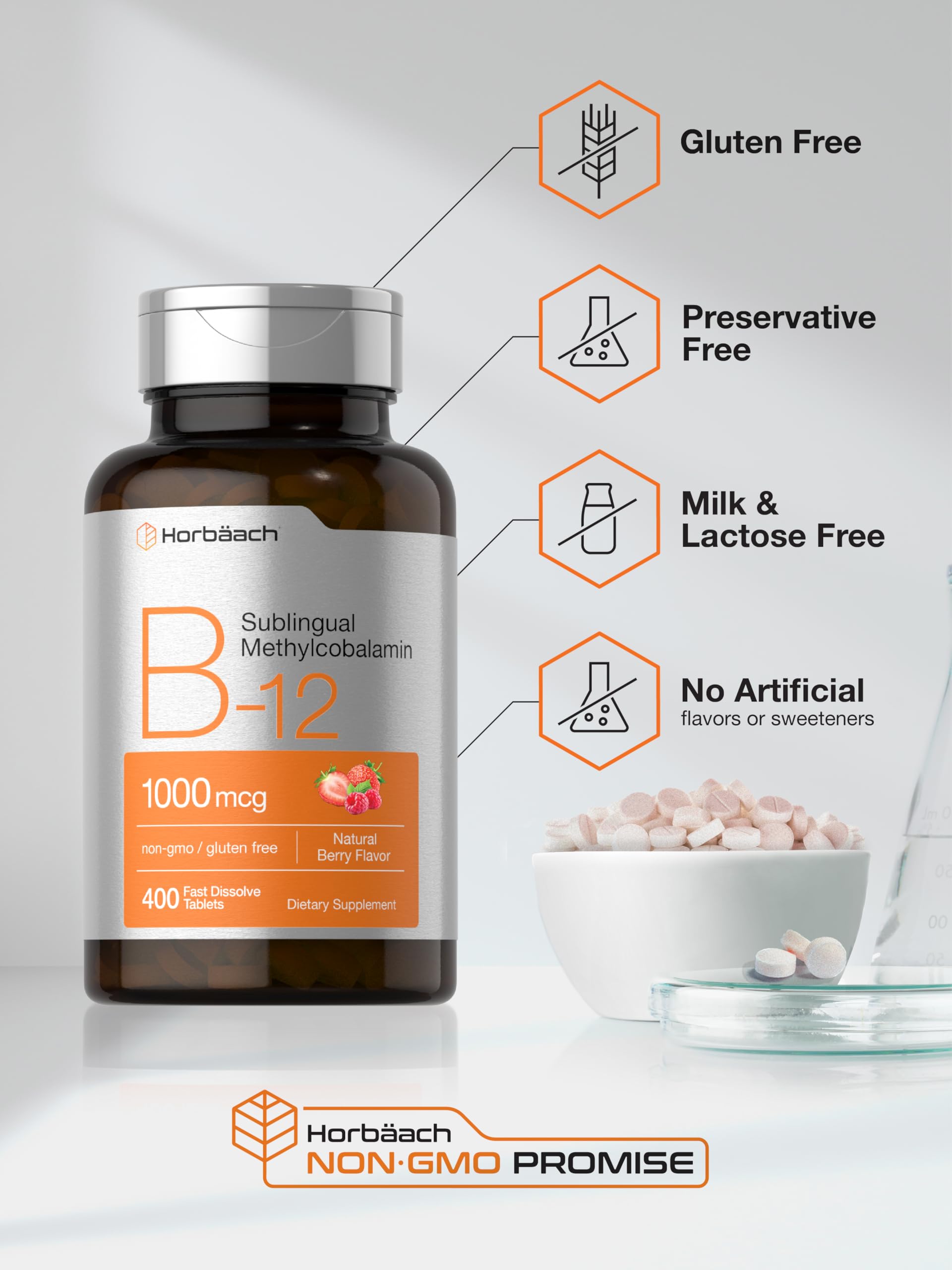 Horbaach Vitamin B12 1000 mcg Sublingual | 400 Fast Dissolve Tablets | Methylcobalamin Supplement for Women and Men | Berry Flavor | Vegan, Non-GMO, and Gluten Free - Image 5