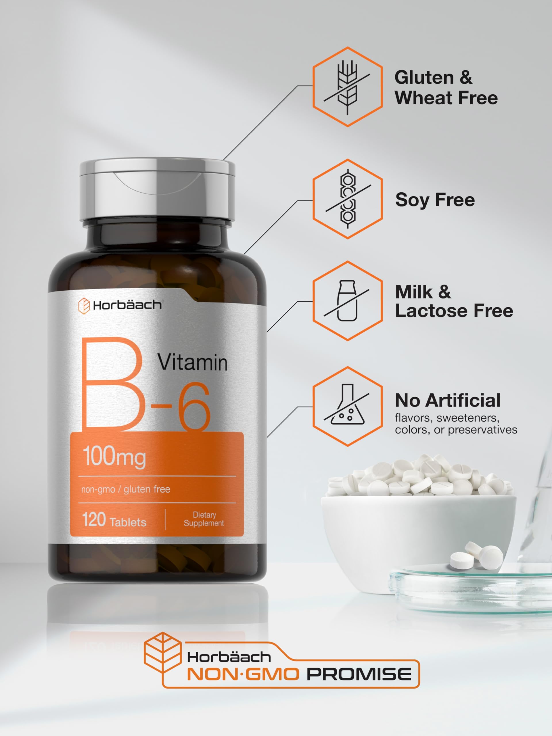 Horbaach Vitamin B6 100mg | 120 Tablets | Pyridoxine HCl | Vegetarian, Non-GMO & Gluten Free Supplement - Image 5
