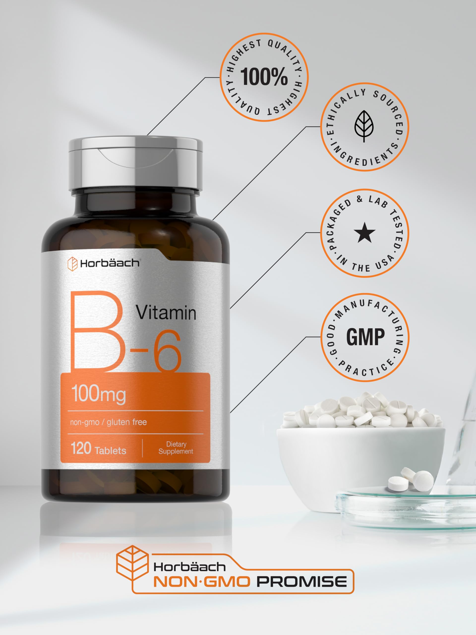 Horbaach Vitamin B6 100mg | 120 Tablets | Pyridoxine HCl | Vegetarian, Non-GMO & Gluten Free Supplement - Image 6