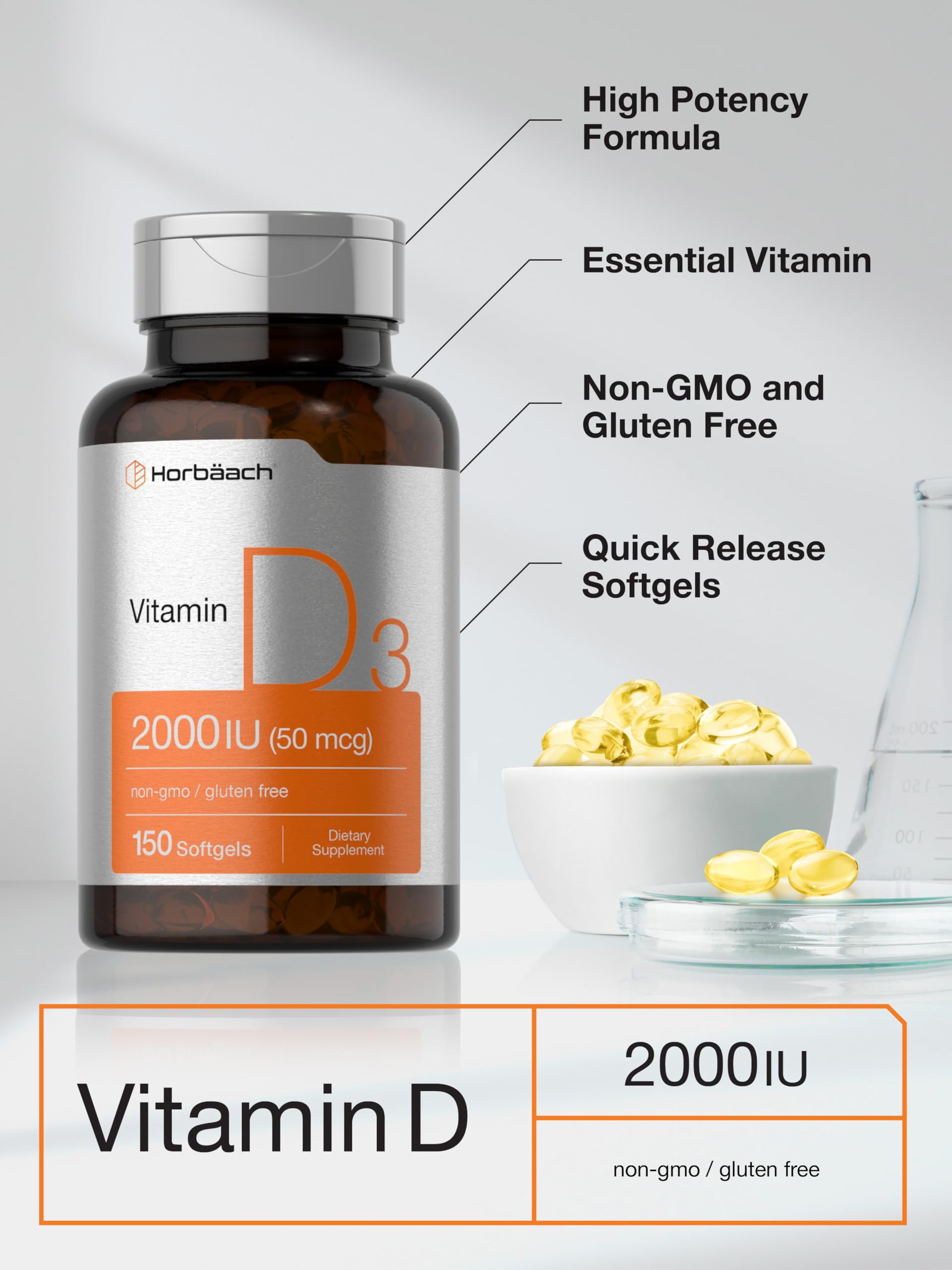 Horbaach Vitamin D3 2000IU Softgels | 150 Count | 50mcg Cholecalciferol | Non-GMO & Gluten Free Supplement - Image 4