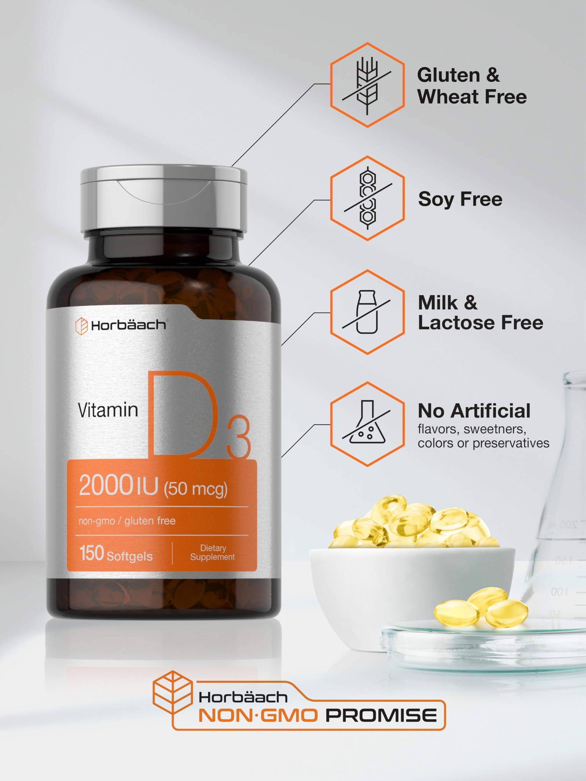 Horbaach Vitamin D3 2000IU Softgels | 150 Count | 50mcg Cholecalciferol | Non-GMO & Gluten Free Supplement - Image 5